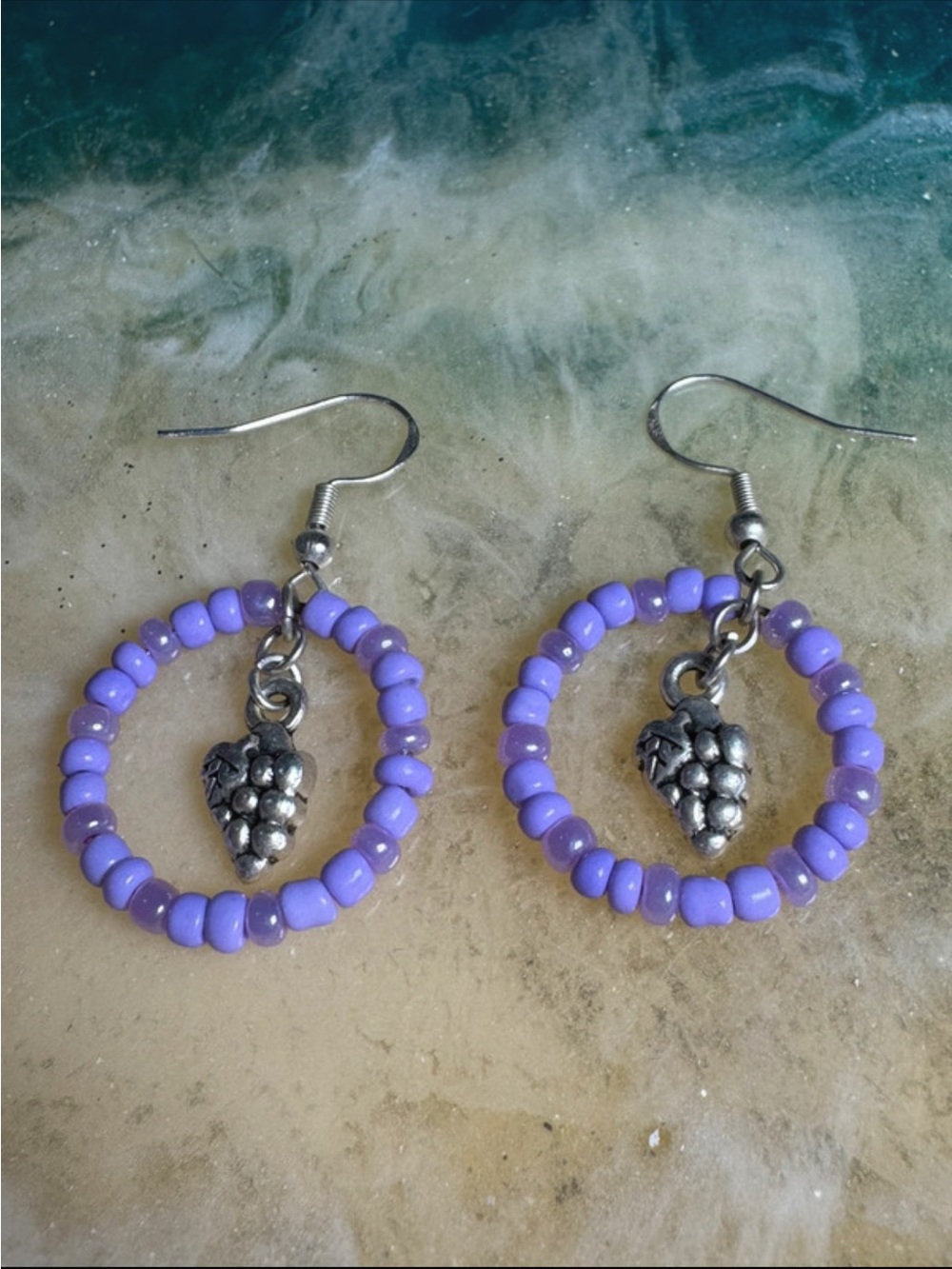 Handmade Lavender Beaded Hoop Earrings with Grape Charm - Women Jewelry